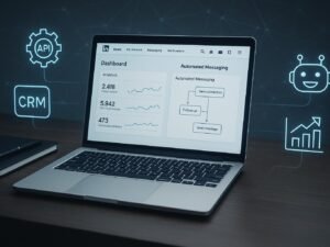 Moderner Arbeitsplatz mit Laptop, der LinkedIn-Analyse, Automatisierungs-Workflows und digitale Icons für API-Integrationen, CRM, Chatbots und Datenvisualisierung darstellt, um fortschrittliche LinkedIn-Automatisierung zu veranschaulichen.