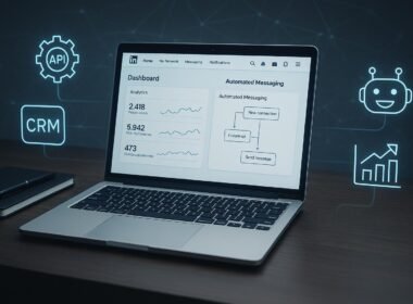 Moderner Arbeitsplatz mit Laptop, der LinkedIn-Analyse, Automatisierungs-Workflows und digitale Icons für API-Integrationen, CRM, Chatbots und Datenvisualisierung darstellt, um fortschrittliche LinkedIn-Automatisierung zu veranschaulichen.