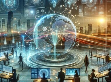 Futuristische digitale Arbeitswelt mit holografischen Schnittstellen, globalen Datenströmen und einem lebendigen Stadtbild im Hintergrund, symbolisierend die Zukunft von KI und Quantencomputing.