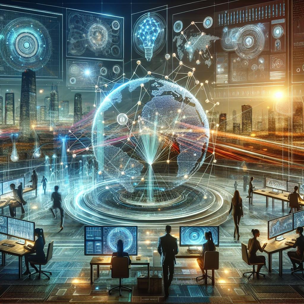 Futuristische digitale Arbeitswelt mit holografischen Schnittstellen, globalen Datenströmen und einem lebendigen Stadtbild im Hintergrund, symbolisierend die Zukunft von KI und Quantencomputing.