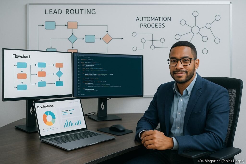Ein moderner Arbeitsplatz mit einem Marketingfachmann, mehreren Monitoren und digitalen Workflow-Diagrammen, die Automatisierung symbolisieren.