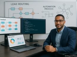 Ein moderner Arbeitsplatz mit einem Marketingfachmann, mehreren Monitoren und digitalen Workflow-Diagrammen, die Automatisierung symbolisieren.