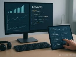 Eleganter Computerarbeitsplatz mit Monitor, der Datenvisualisierungen und Code anzeigt, Entwickler passt einen Touchscreen an, minimalistisches Büro im Hintergrund, betont Innovation.