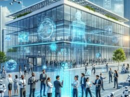 Futuristisches Forschungsinstitut mit Glasfassaden, holographischen Anzeigen und autonomen Robotern in der DACH-Region, dargestellt mit einem vielfältigen Team von Fachleuten bei der Zusammenarbeit.