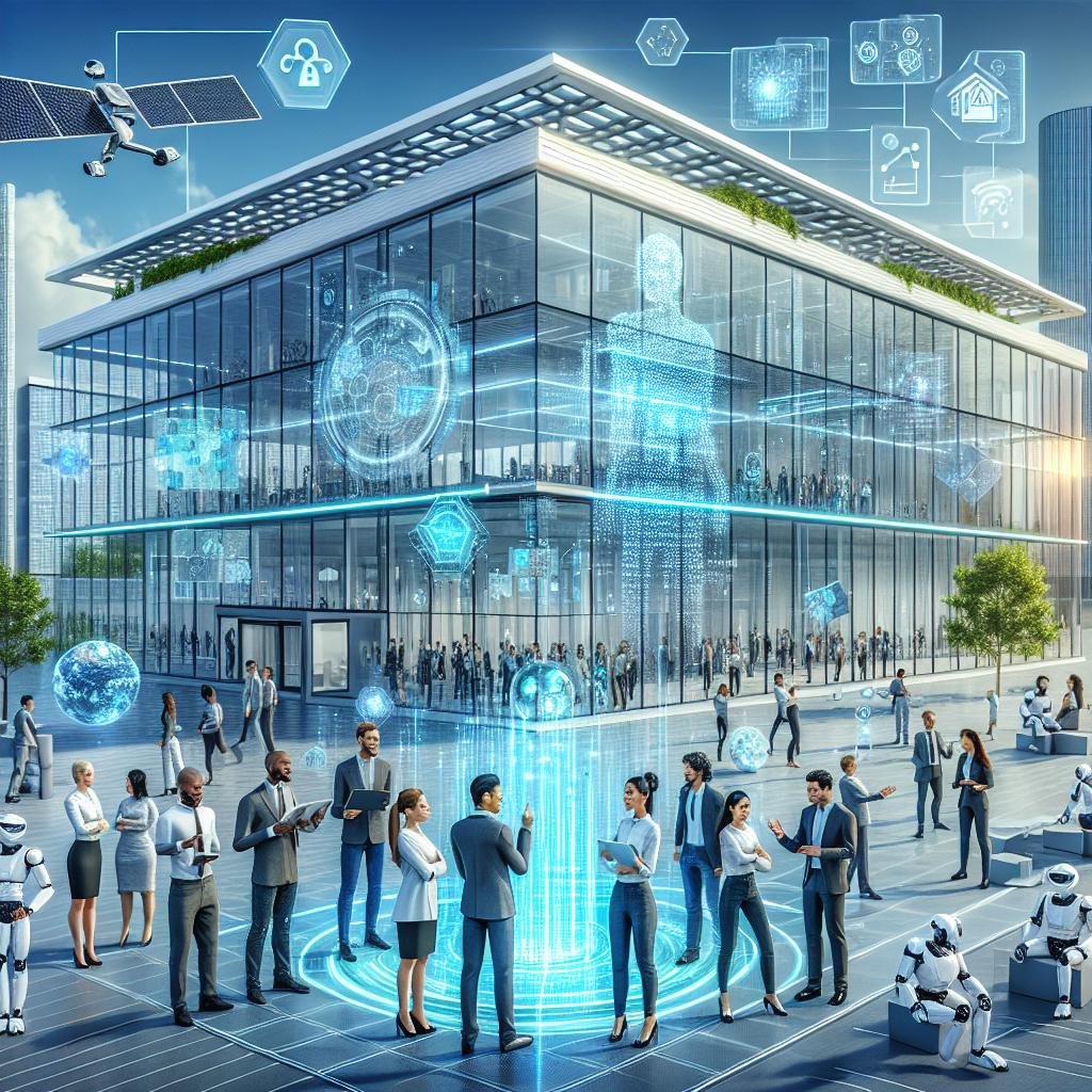 Futuristisches Forschungsinstitut mit Glasfassaden, holographischen Anzeigen und autonomen Robotern in der DACH-Region, dargestellt mit einem vielfältigen Team von Fachleuten bei der Zusammenarbeit.