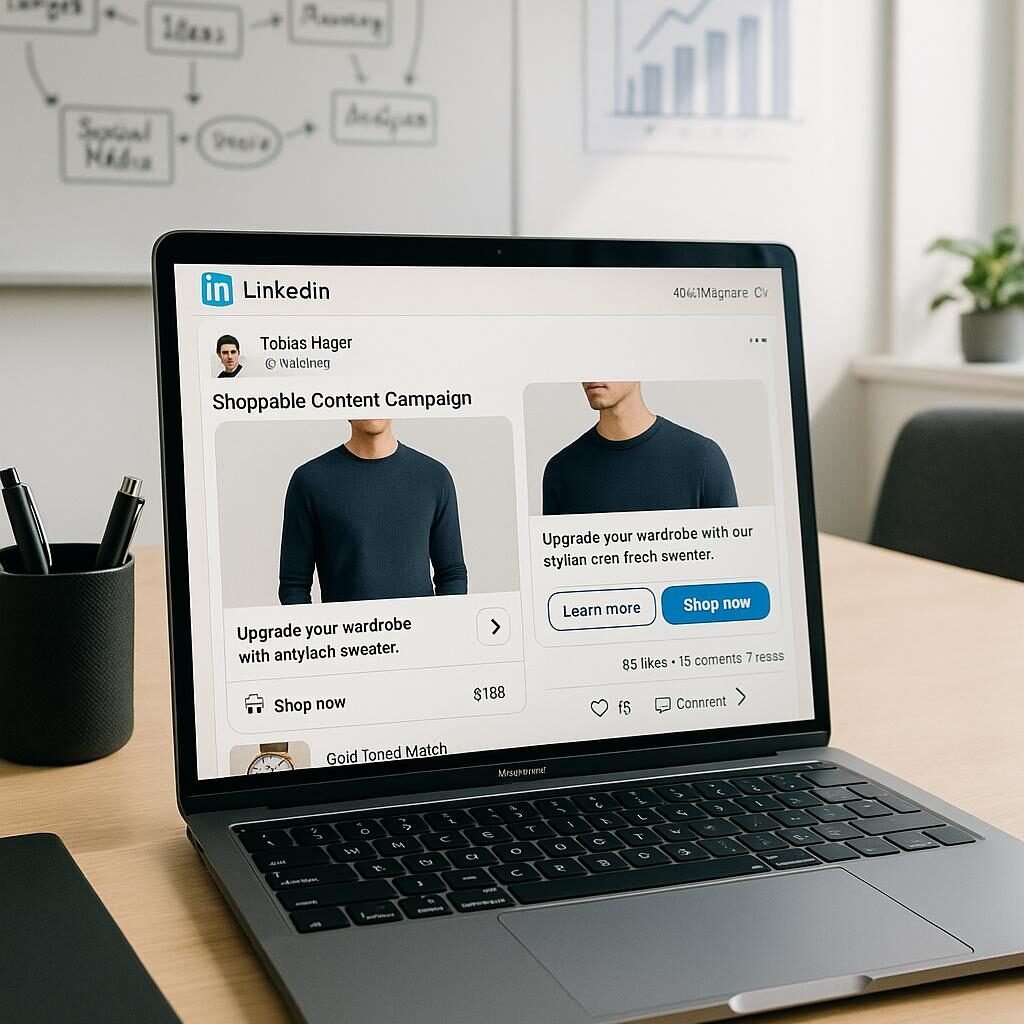 Büro-Arbeitsplatz mit Laptop auf dem eine LinkedIn-Seite mit Shoppable Content Kampagne sichtbar ist, im Hintergrund Skizzen und Charts, helles Licht und freundliche Atmosphäre