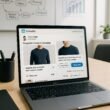 Büro-Arbeitsplatz mit Laptop auf dem eine LinkedIn-Seite mit Shoppable Content Kampagne sichtbar ist, im Hintergrund Skizzen und Charts, helles Licht und freundliche Atmosphäre
