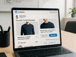 Büro-Arbeitsplatz mit Laptop auf dem eine LinkedIn-Seite mit Shoppable Content Kampagne sichtbar ist, im Hintergrund Skizzen und Charts, helles Licht und freundliche Atmosphäre