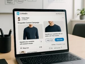 Büro-Arbeitsplatz mit Laptop auf dem eine LinkedIn-Seite mit Shoppable Content Kampagne sichtbar ist, im Hintergrund Skizzen und Charts, helles Licht und freundliche Atmosphäre