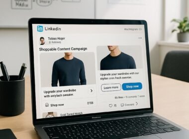 Büro-Arbeitsplatz mit Laptop auf dem eine LinkedIn-Seite mit Shoppable Content Kampagne sichtbar ist, im Hintergrund Skizzen und Charts, helles Licht und freundliche Atmosphäre