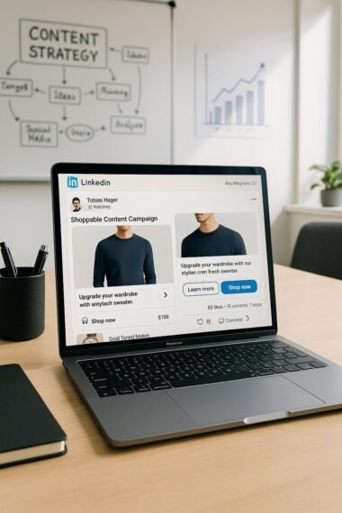 Büro-Arbeitsplatz mit Laptop auf dem eine LinkedIn-Seite mit Shoppable Content Kampagne sichtbar ist, im Hintergrund Skizzen und Charts, helles Licht und freundliche Atmosphäre