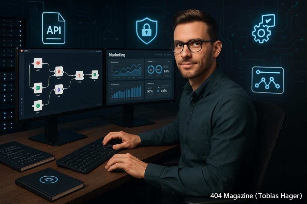 Marketingprofi arbeitet an einem High-Tech-Arbeitsplatz mit Dual-Monitor, der komplexe n8n-Workflows, Analysen und API-Integrationen zeigt, um Automatisierung und technisches Know-how zu präsentieren.