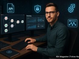 Marketingprofi arbeitet an einem High-Tech-Arbeitsplatz mit Dual-Monitor, der komplexe n8n-Workflows, Analysen und API-Integrationen zeigt, um Automatisierung und technisches Know-how zu präsentieren.