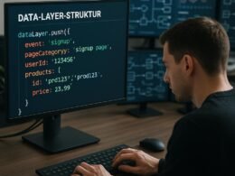 Entwickler arbeitet an Code in einem modernen Data-Analytics- und Web-Tracking-Umfeld, mit mehreren Monitoren im Hintergrund, die Datenvisualisierungen und Flussdiagramme zeigen.