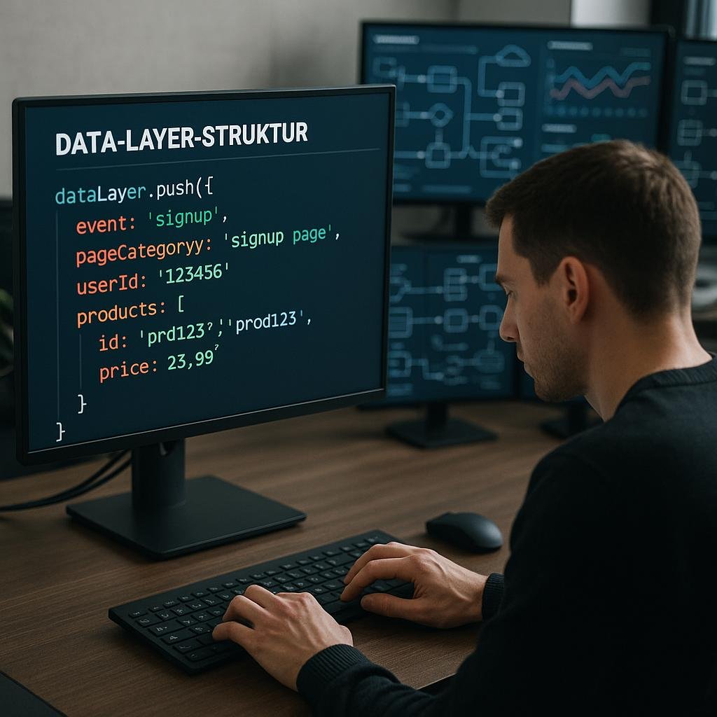 Entwickler arbeitet an Code in einem modernen Data-Analytics- und Web-Tracking-Umfeld, mit mehreren Monitoren im Hintergrund, die Datenvisualisierungen und Flussdiagramme zeigen.