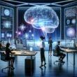 Futuristischer Arbeitsplatz mit holographischem digitalen Gehirn, leuchtenden Datenströmen und einem vielfältigen Team, das mit digitalen Geräten arbeitet.