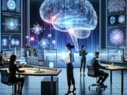 Futuristischer Arbeitsplatz mit holographischem digitalen Gehirn, leuchtenden Datenströmen und einem vielfältigen Team, das mit digitalen Geräten arbeitet.