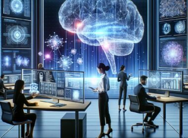Futuristischer Arbeitsplatz mit holographischem digitalen Gehirn, leuchtenden Datenströmen und einem vielfältigen Team, das mit digitalen Geräten arbeitet.