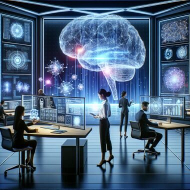 Futuristischer Arbeitsplatz mit holographischem digitalen Gehirn, leuchtenden Datenströmen und einem vielfältigen Team, das mit digitalen Geräten arbeitet.
