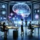 Futuristischer Arbeitsplatz mit holographischem digitalen Gehirn, leuchtenden Datenströmen und einem vielfältigen Team, das mit digitalen Geräten arbeitet.