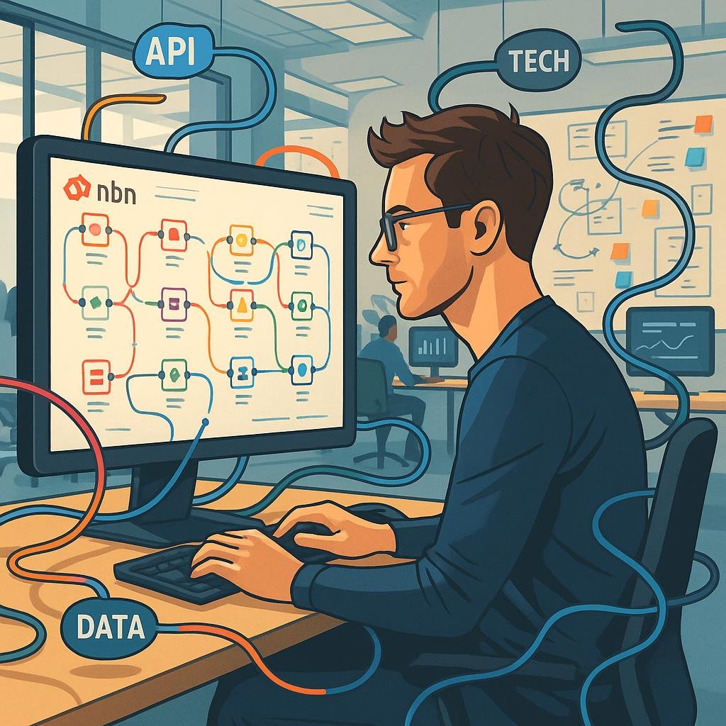 Marketing-Profi vor einem großen Bildschirm mit visualisierten n8n-Workflows, umgeben von Monitoren, Whiteboards und Datenströmen in einer modernen, kreativen Bürolandschaft