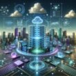 Futuristische digitale Landschaft mit Serverhubs, holografischen Bildschirmen und digitaler Infrastruktur, die die Komplexität einer fortschrittlichen KI-Plattform darstellt.
