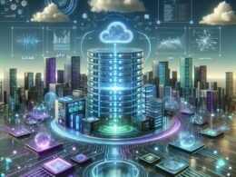 Futuristische digitale Landschaft mit Serverhubs, holografischen Bildschirmen und digitaler Infrastruktur, die die Komplexität einer fortschrittlichen KI-Plattform darstellt.