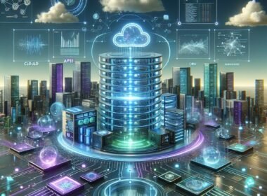 Futuristische digitale Landschaft mit Serverhubs, holografischen Bildschirmen und digitaler Infrastruktur, die die Komplexität einer fortschrittlichen KI-Plattform darstellt.