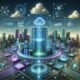 Futuristische digitale Landschaft mit Serverhubs, holografischen Bildschirmen und digitaler Infrastruktur, die die Komplexität einer fortschrittlichen KI-Plattform darstellt.