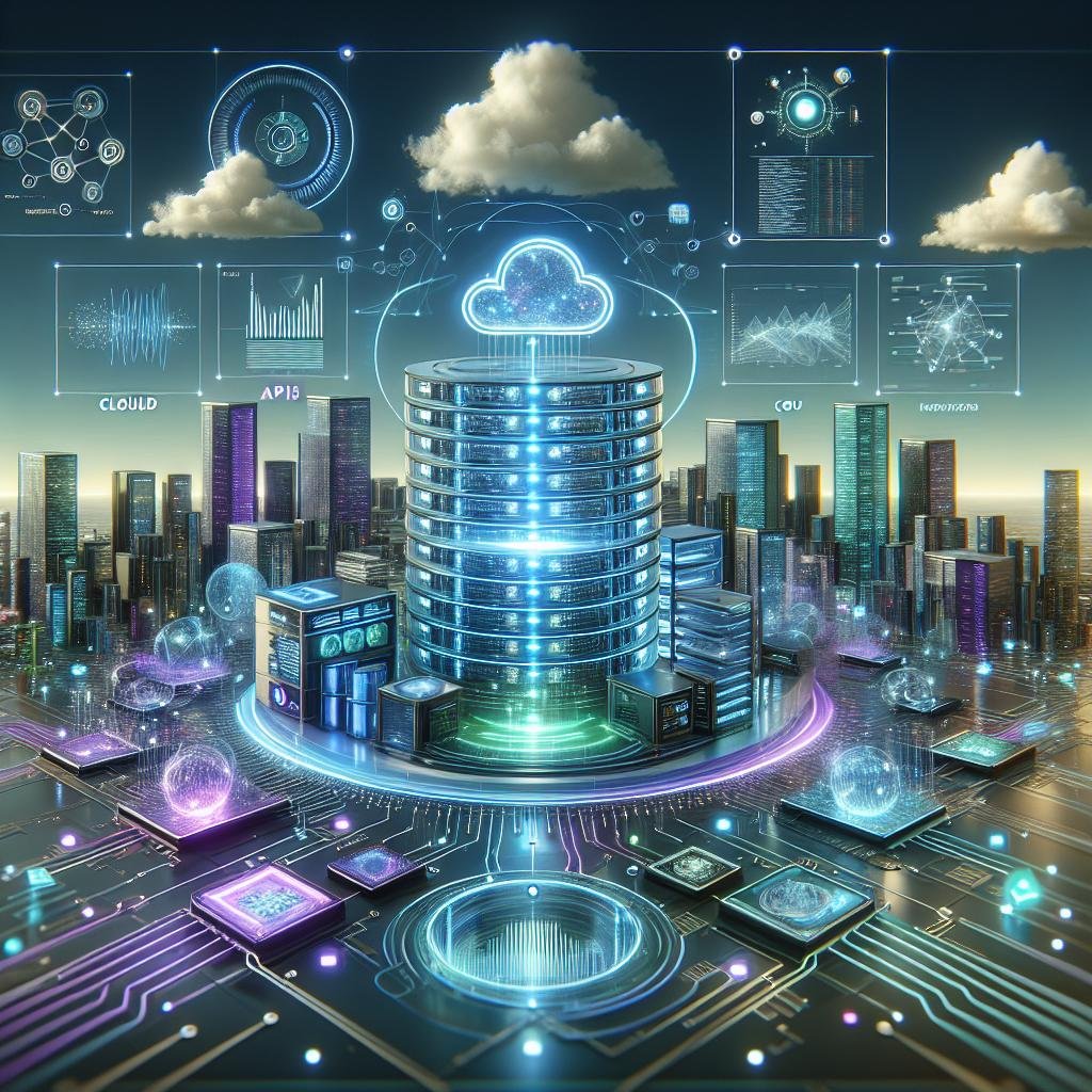 Futuristische digitale Landschaft mit Serverhubs, holografischen Bildschirmen und digitaler Infrastruktur, die die Komplexität einer fortschrittlichen KI-Plattform darstellt.