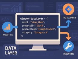 Schematisches Diagramm des Data Layers mit JavaScript-Objekt, Datenfluss-Arrows, Analyse-Tools und Hintergrund mit Diagrammen und Code-Snippets, dargestellt in einem Tech-fokussierten Design.