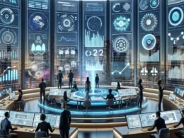 Ein hochmodernes Marketing-Command-Center mit großen digitalen Bildschirmen, holographischen Anzeigen und einem vielfältigen Team, das KI-Technologien nutzt.