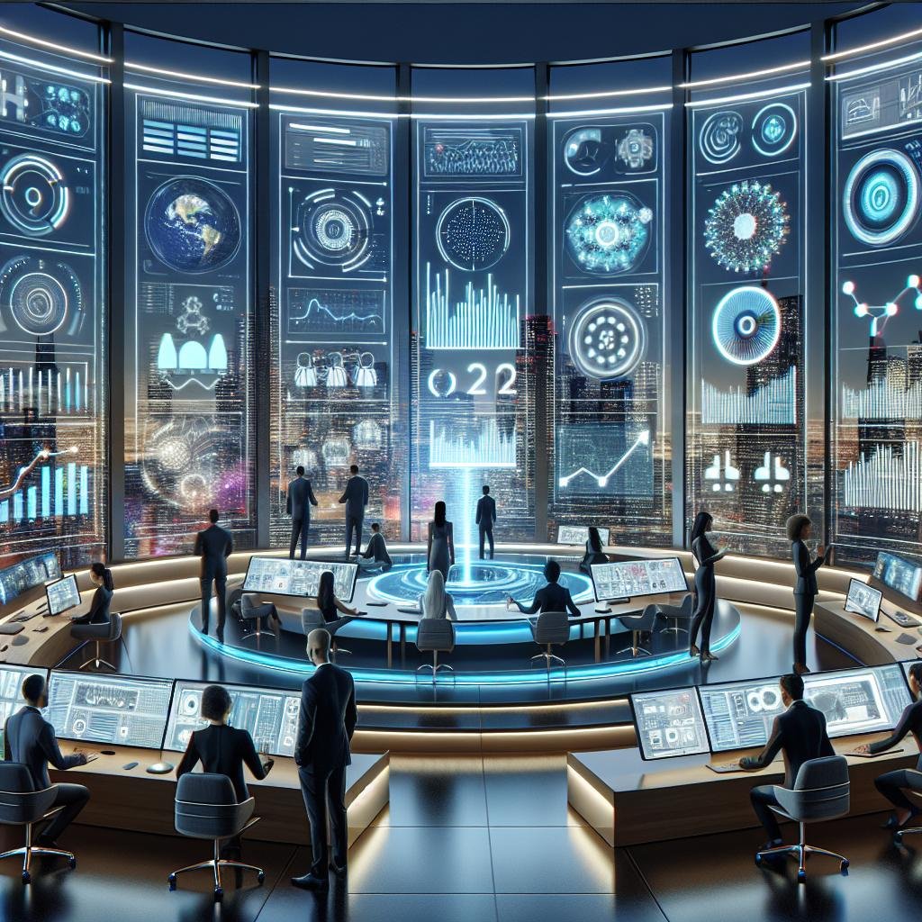 Ein hochmodernes Marketing-Command-Center mit großen digitalen Bildschirmen, holographischen Anzeigen und einem vielfältigen Team, das KI-Technologien nutzt.