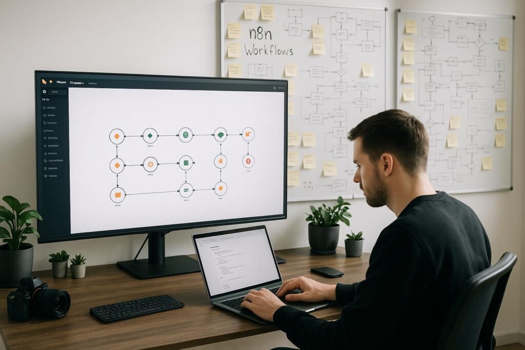 Moderator moderner Arbeitsraum mit großem Bildschirm, Whiteboards mit Workflow-Skizzen und Person, die an einem Laptop arbeitet, umgeben von technischen Geräten und Pflanzen