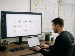 Moderator moderner Arbeitsraum mit großem Bildschirm, Whiteboards mit Workflow-Skizzen und Person, die an einem Laptop arbeitet, umgeben von technischen Geräten und Pflanzen