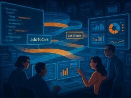 Moderne digitale Arbeitsumgebung mit fließenden Datenebenen, holographischen Bildschirmen und einem Team, das Datenströme in einer High-Tech-Stadtansicht analysiert.