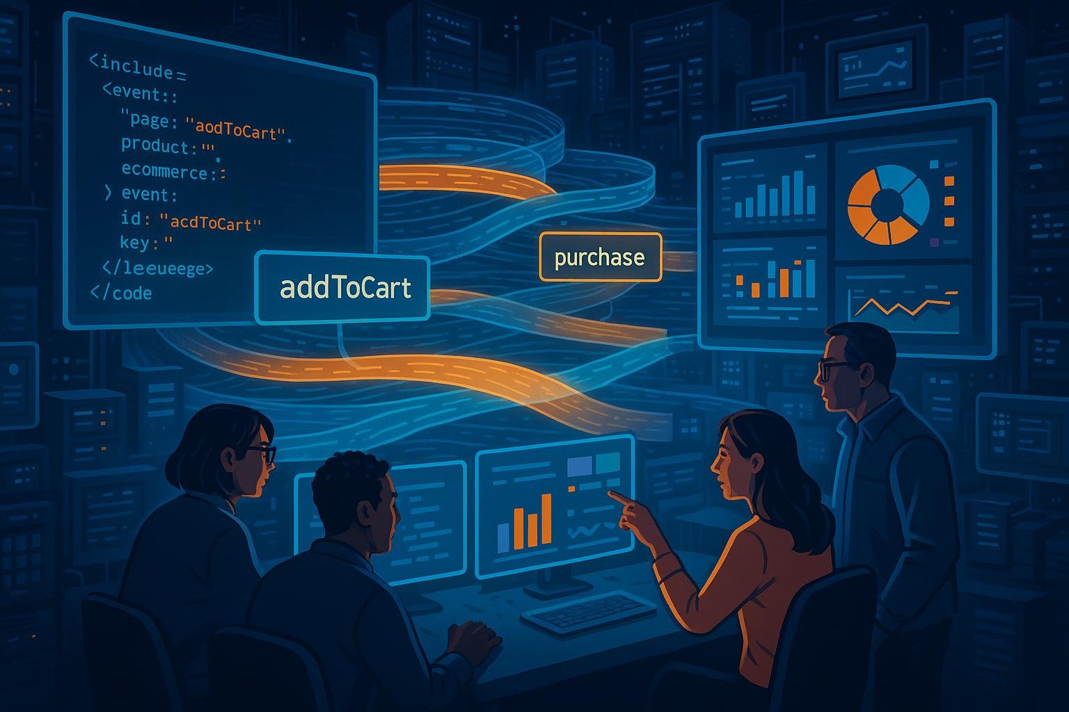 Moderne digitale Arbeitsumgebung mit fließenden Datenebenen, holographischen Bildschirmen und einem Team, das Datenströme in einer High-Tech-Stadtansicht analysiert.