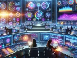 Modernes Digital Marketing Kontrollzentrum mit mehreren Bildschirmen, Datenanalysen, Automatisierungs-Workflows und einem Marketer bei der Arbeit