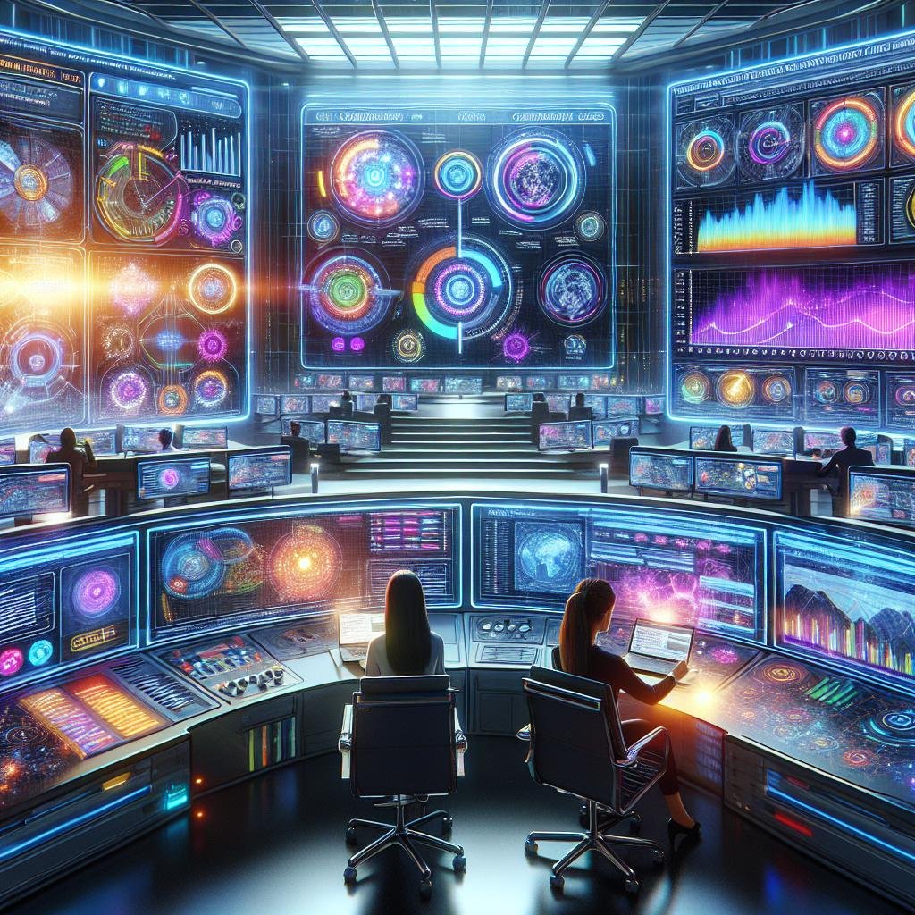 Modernes Digital Marketing Kontrollzentrum mit mehreren Bildschirmen, Datenanalysen, Automatisierungs-Workflows und einem Marketer bei der Arbeit