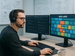 Ein Webentwickler in einem modernen Büro vor mehreren Monitoren mit Datenstrukturen, Code und visuellen Data Layers, umgeben von Whiteboards mit Diagrammen, trägt Headset und trinkt Kaffee.