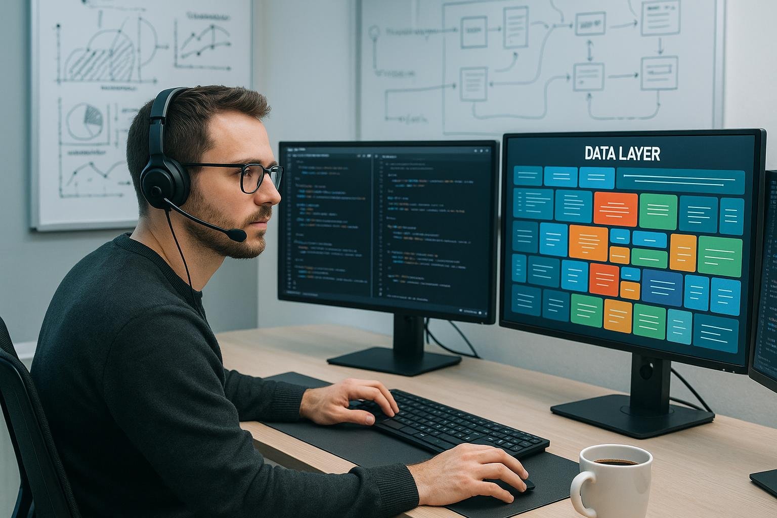 Ein Webentwickler in einem modernen Büro vor mehreren Monitoren mit Datenstrukturen, Code und visuellen Data Layers, umgeben von Whiteboards mit Diagrammen, trägt Headset und trinkt Kaffee.