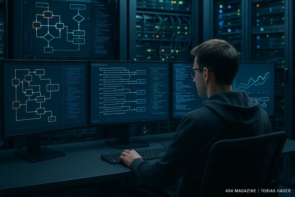 Entwickler arbeitet in einem technischen Umfeld mit mehreren Monitoren, Server-Racks und Netzwerkgeräten, visualisiert komplexe Datenflüsse und Workflow-Diagramme