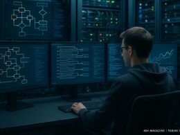 Entwickler arbeitet in einem technischen Umfeld mit mehreren Monitoren, Server-Racks und Netzwerkgeräten, visualisiert komplexe Datenflüsse und Workflow-Diagramme