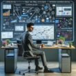 Modernes Büro mit mehreren Bildschirmen, die Dashboards, Workflow-Builder und Datenvisualisierungen für CRM-Automatisierung zeigen, inklusive Tablet und Smartphone, weiße Wand mit Strategieworten.