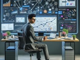 Modernes Büro mit mehreren Bildschirmen, die Dashboards, Workflow-Builder und Datenvisualisierungen für CRM-Automatisierung zeigen, inklusive Tablet und Smartphone, weiße Wand mit Strategieworten.
