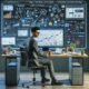 Modernes Büro mit mehreren Bildschirmen, die Dashboards, Workflow-Builder und Datenvisualisierungen für CRM-Automatisierung zeigen, inklusive Tablet und Smartphone, weiße Wand mit Strategieworten.
