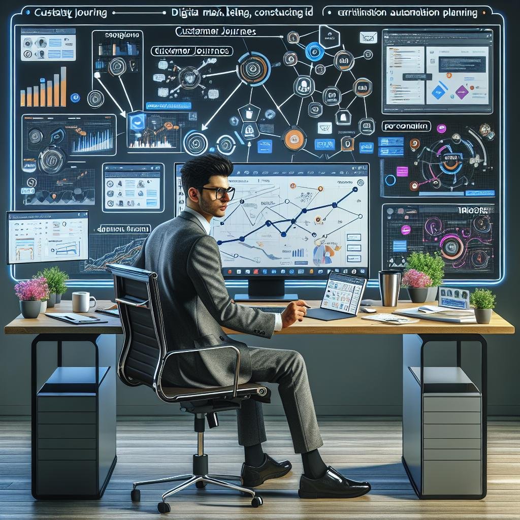 Modernes Büro mit mehreren Bildschirmen, die Dashboards, Workflow-Builder und Datenvisualisierungen für CRM-Automatisierung zeigen, inklusive Tablet und Smartphone, weiße Wand mit Strategieworten.