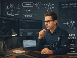 Ein digitaler Marketingexperte in einem modernen Workspace mit Monitoren, Code und Data Layer Diagrammen