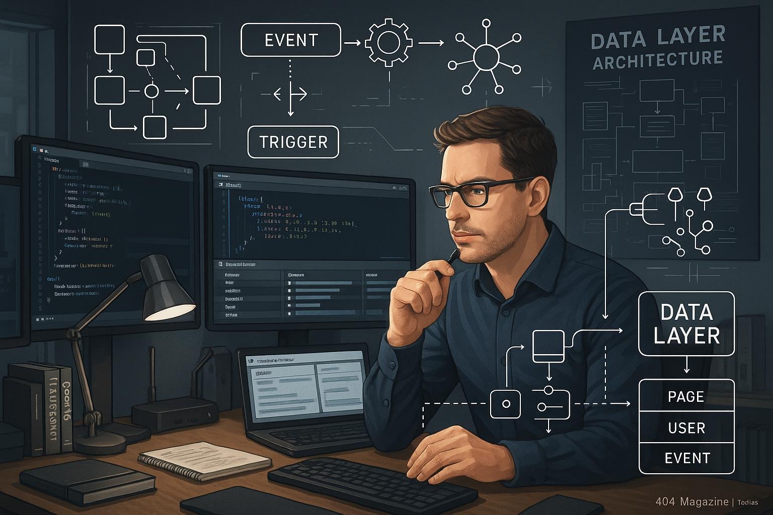 Ein digitaler Marketingexperte in einem modernen Workspace mit Monitoren, Code und Data Layer Diagrammen