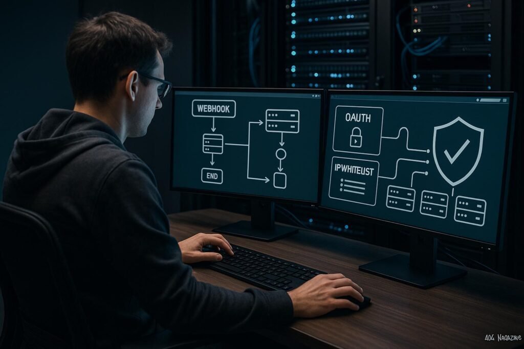 Ein Entwickler konfiguriert eine moderne Serverumgebung auf einem Dual-Monitor-Setup mit Diagrammen zu Webhooks, Sicherheitsvorkehrungen und einer sichtbaren Server-Infrastruktur im Hintergrund.